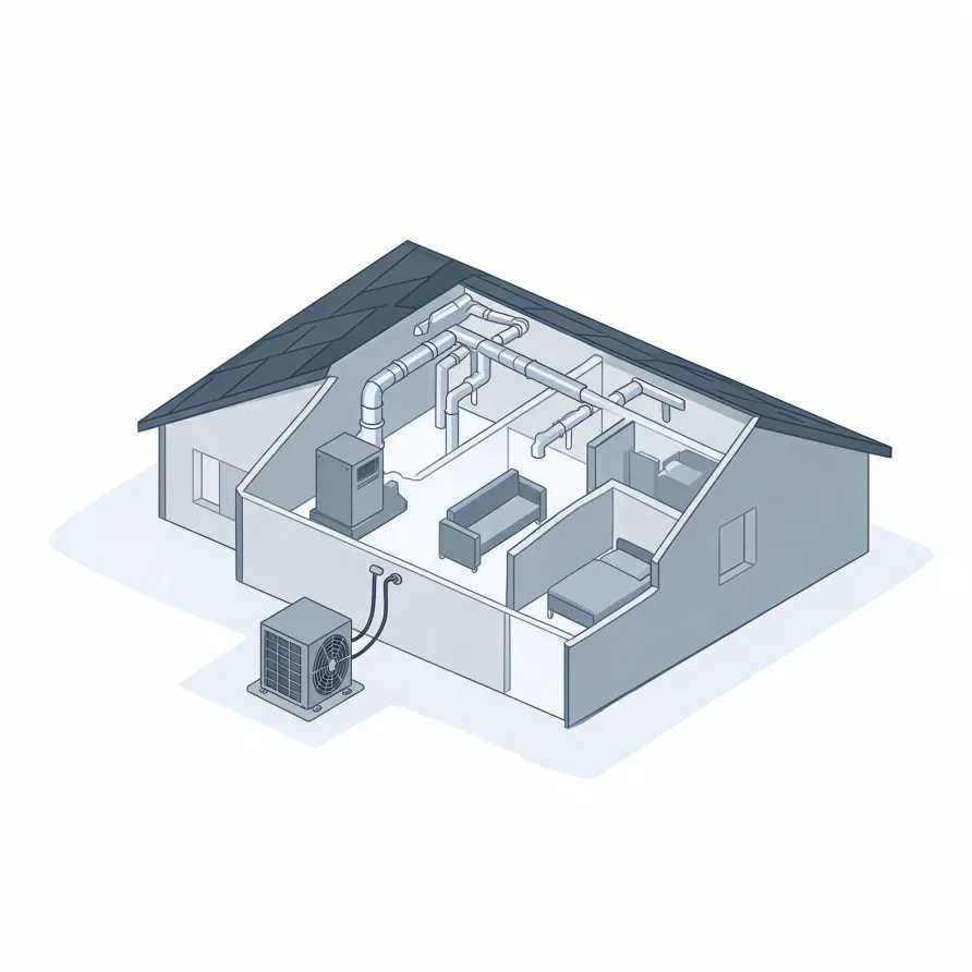Isometric cutaway illustration of a single-story house showing interior rooms with furniture, an attic duct network connected to a furnace or air handler, and an outdoor condenser unit linked by lines outside the wall.