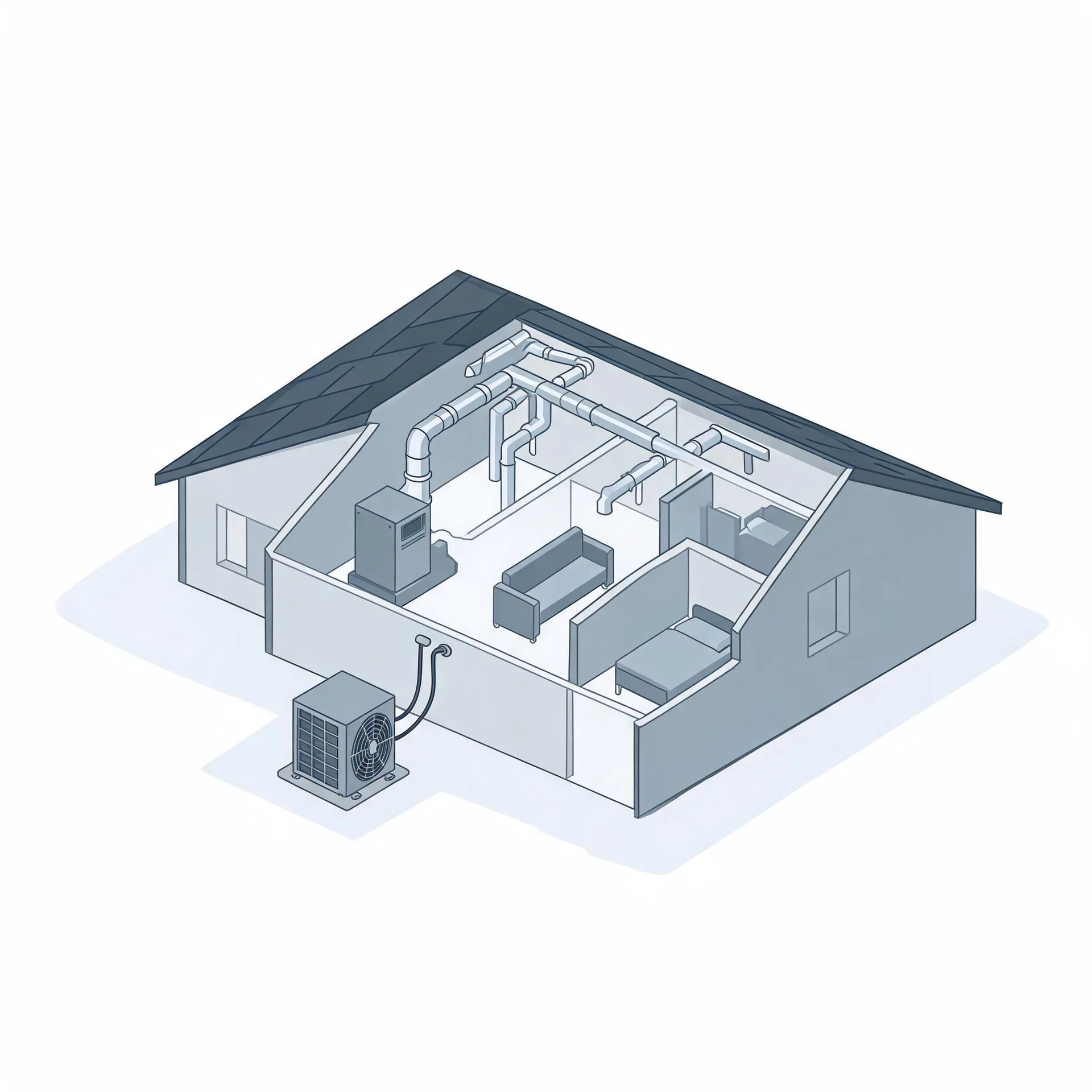 Isometric cutaway illustration of a single-story house showing interior rooms with furniture, an attic duct network connected to a furnace or air handler, and an outdoor condenser unit linked by lines outside the wall.