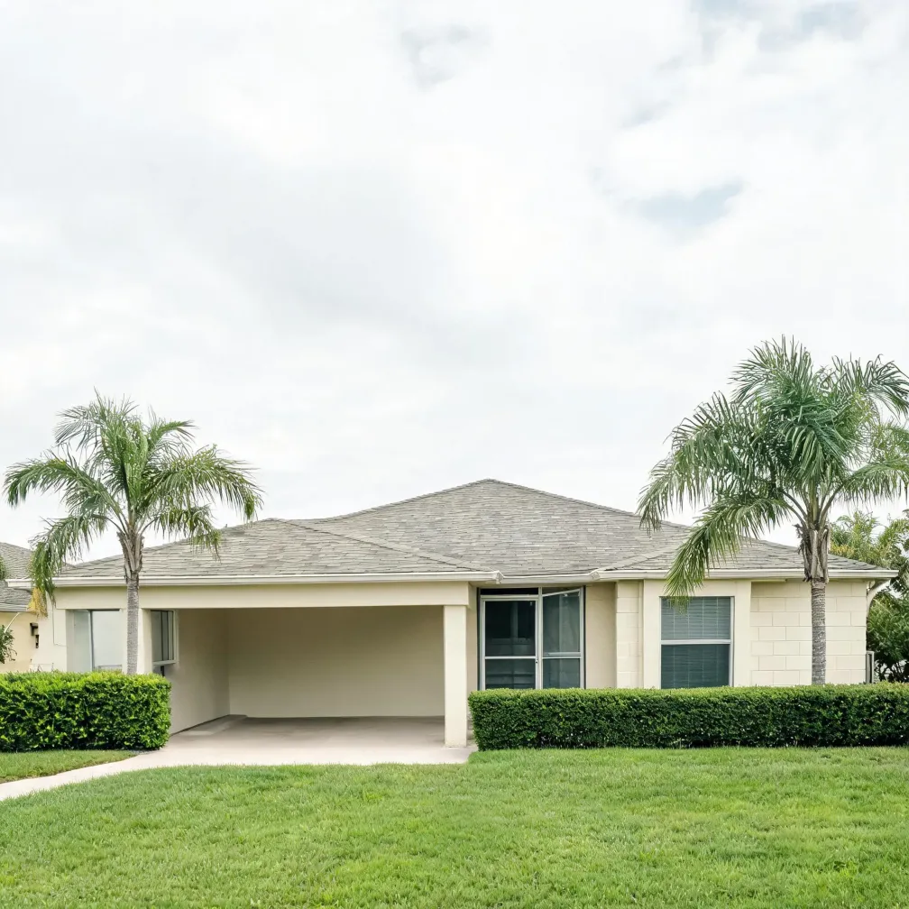 Single-story beige stucco house with a shingled hip roof, open carport, screened entry and windows, flanked by palm trees, with trimmed hedges and a mown lawn in front.