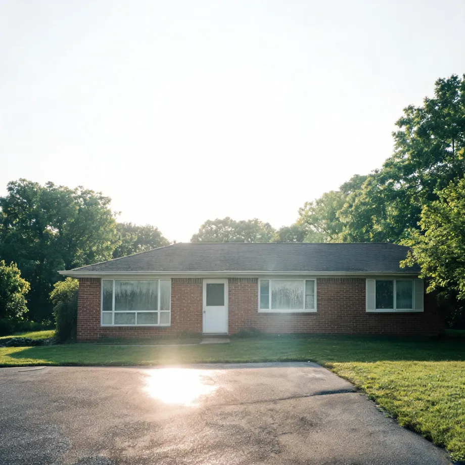 A single-story brick ranch house with a white front door and white-framed windows, fronted by a wide asphalt driveway and lawn, with green deciduous trees behind it and bright sun flare above.