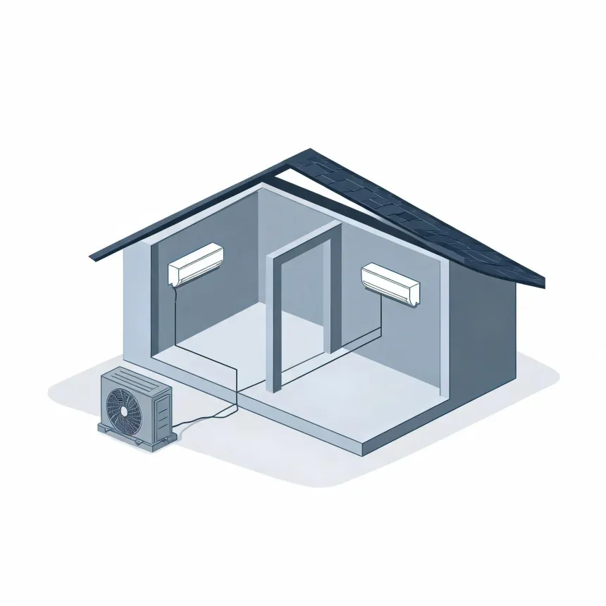 Isometric illustration of a cutaway house showing two wall-mounted indoor air conditioning units connected by lines to a single outdoor condenser unit on the ground outside.