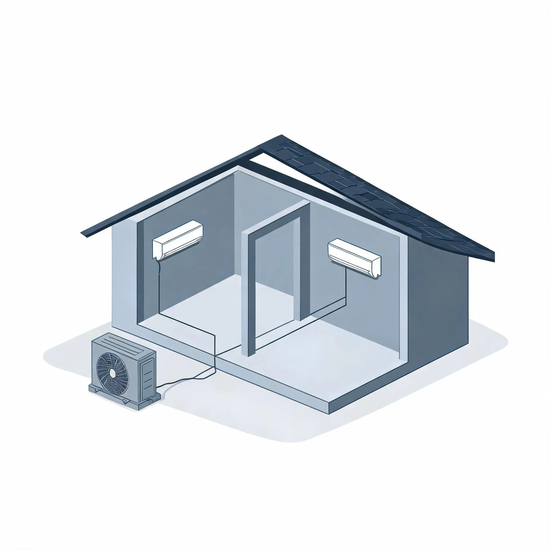 Isometric illustration of a cutaway house showing two wall-mounted indoor air conditioning units connected by lines to a single outdoor condenser unit on the ground outside.