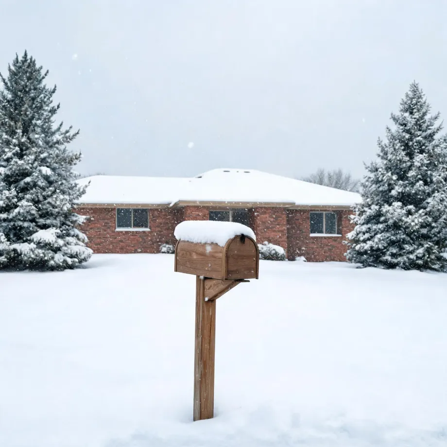 A wooden mailbox on a post topped with snow stands in a snow-covered yard in front of a single-story brick house flanked by snow-laden evergreen trees during falling snow.