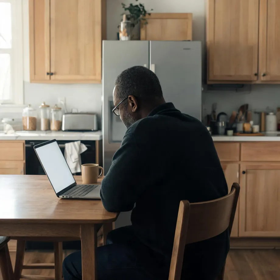 A man in a dark shirt sits at a wooden table with an open laptop and a mug in a kitchen with wood cabinets and a stainless steel refrigerator.