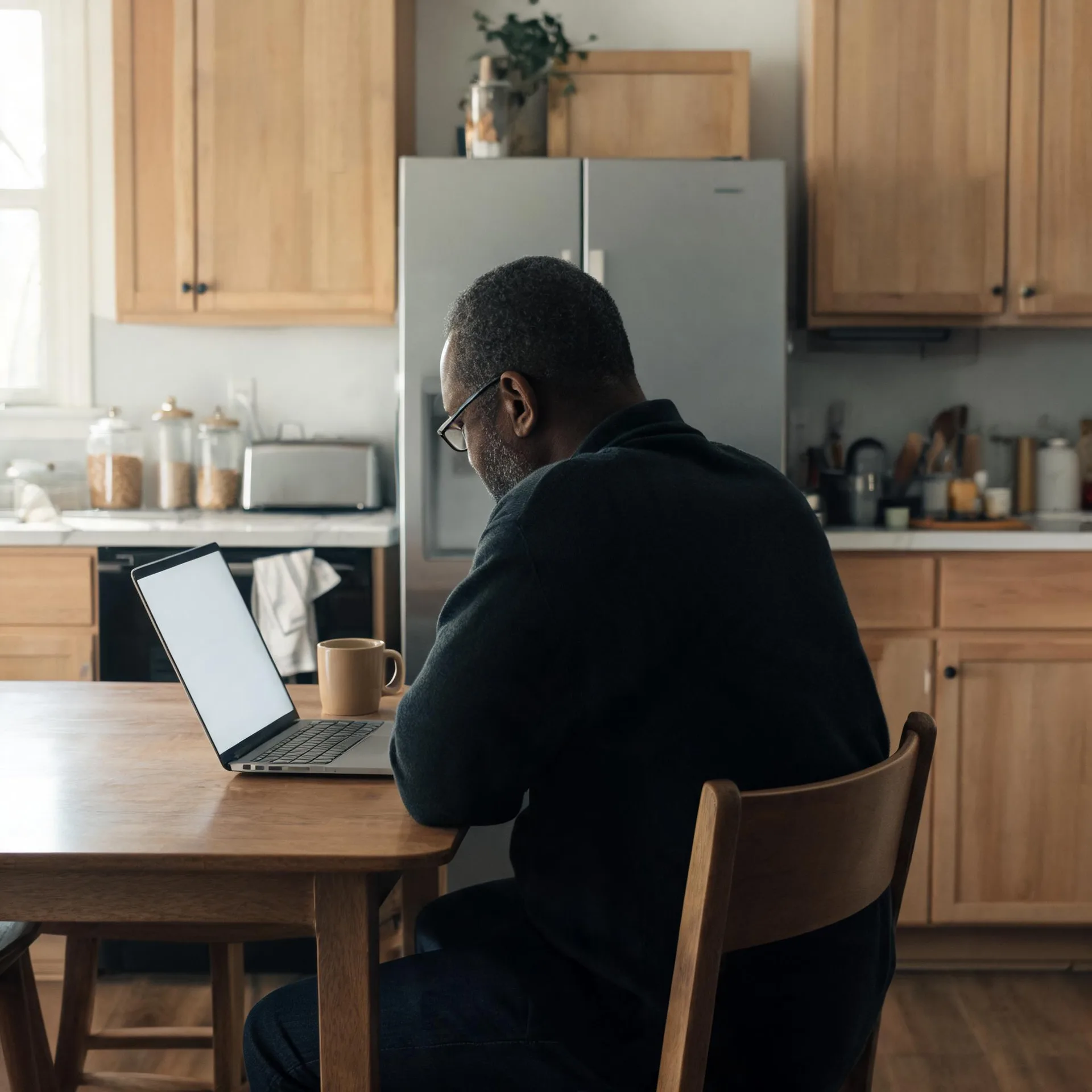 A man in a dark shirt sits at a wooden table with an open laptop and a mug in a kitchen with wood cabinets and a stainless steel refrigerator.