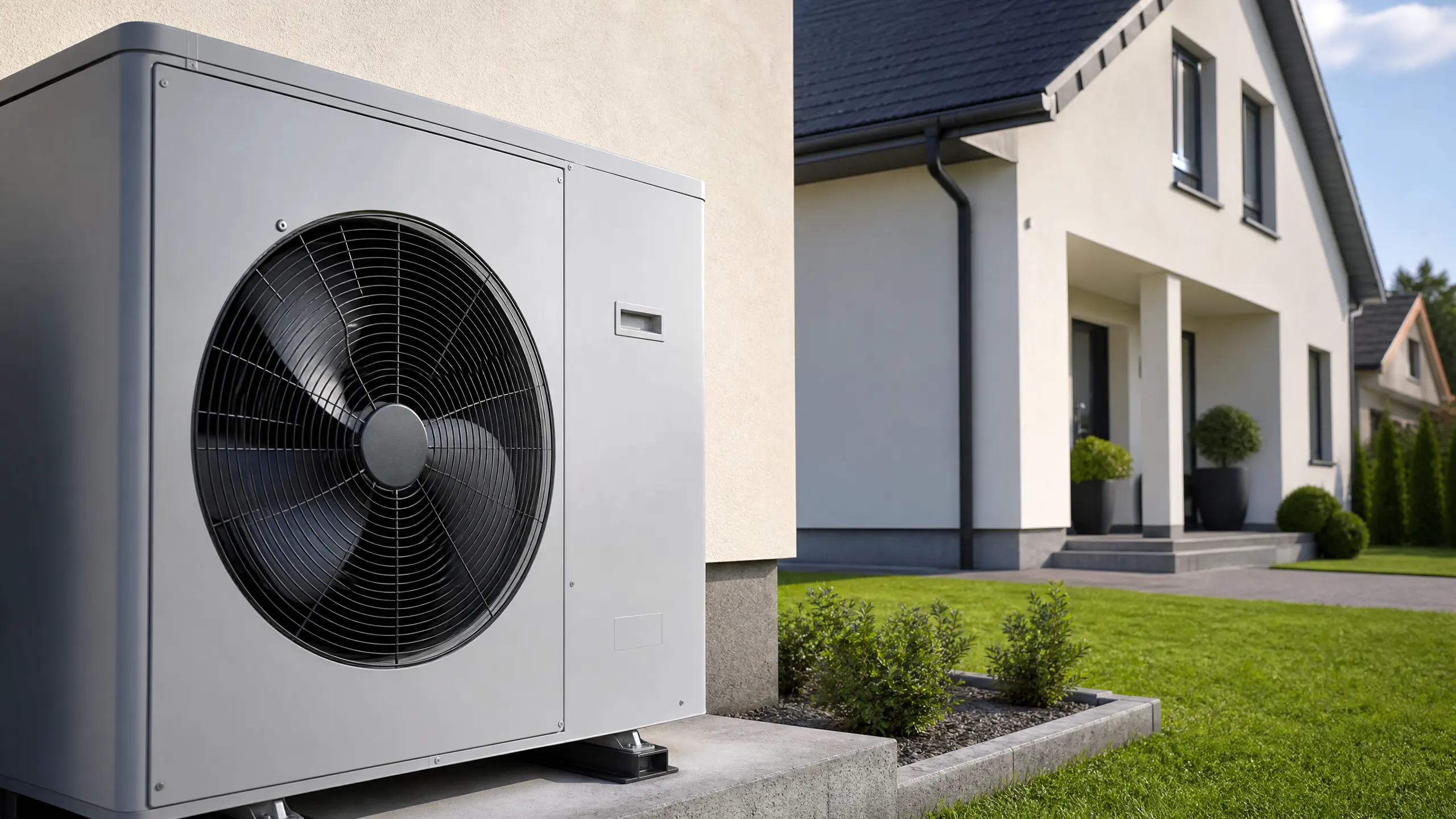 A grey air-source heat pump outdoor unit mounted on a concrete pad next to a modern white-rendered residential house.