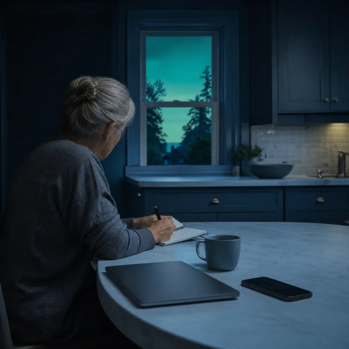 A woman with gray hair in a bun sits at a round white table in a dim blue-toned kitchen, writing in a notebook beside a mug, closed laptop, and smartphone, with conifer trees visible through a window.
