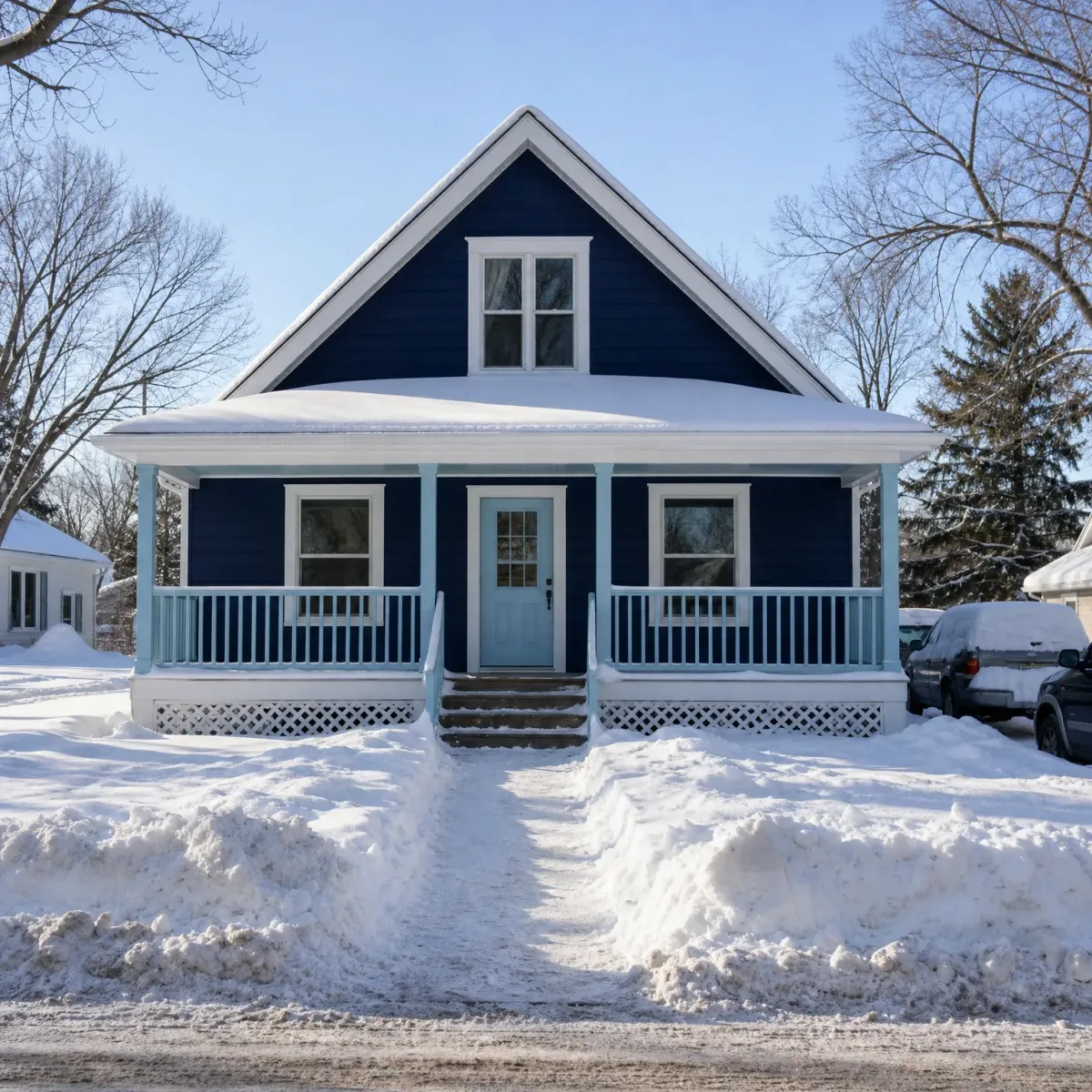 A dark navy one-and-a-half-story house with a white-trimmed covered porch, light blue door and porch railings, surrounded by deep snow with a shoveled path leading to the front steps and vehicles parked at right.