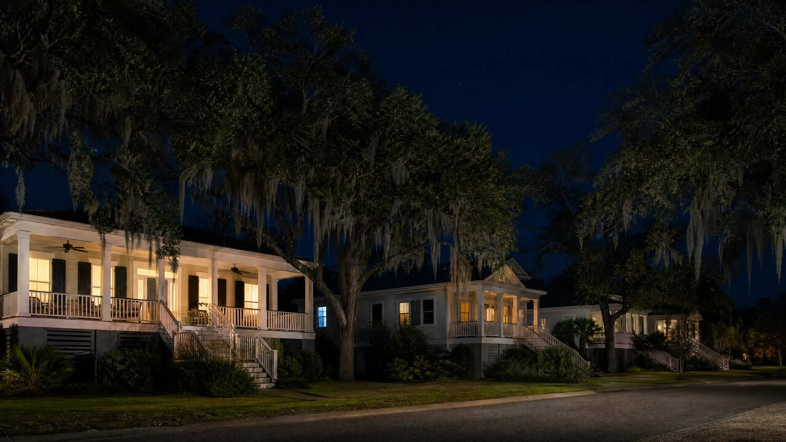 Night view of illuminated white Southern-style houses with wraparound porches beneath Spanish moss-draped oak trees.