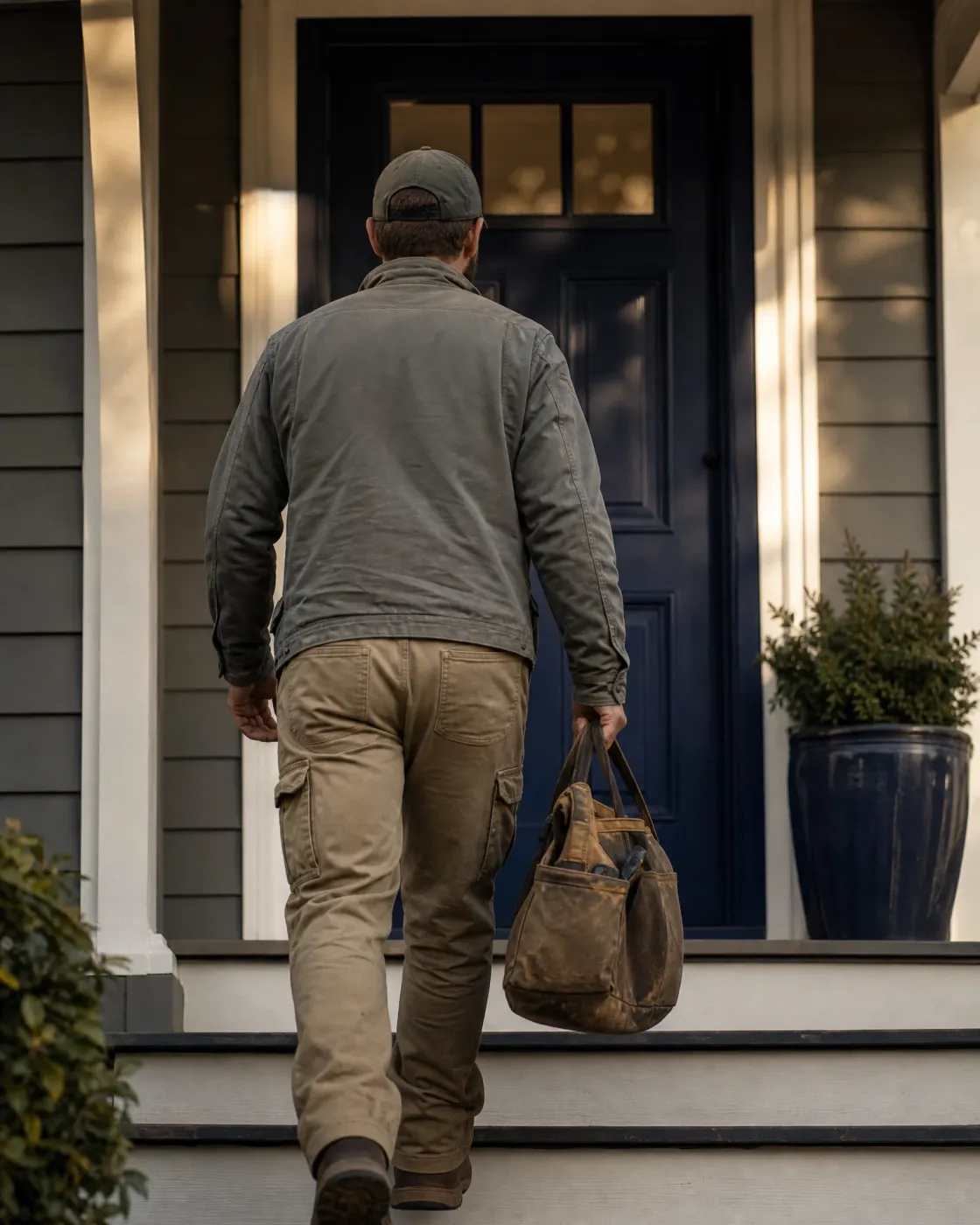 A man in a cap, gray jacket and tan cargo pants, seen from behind, carries a worn canvas duffel bag up steps toward a dark navy front door, with a potted shrub beside the entry.