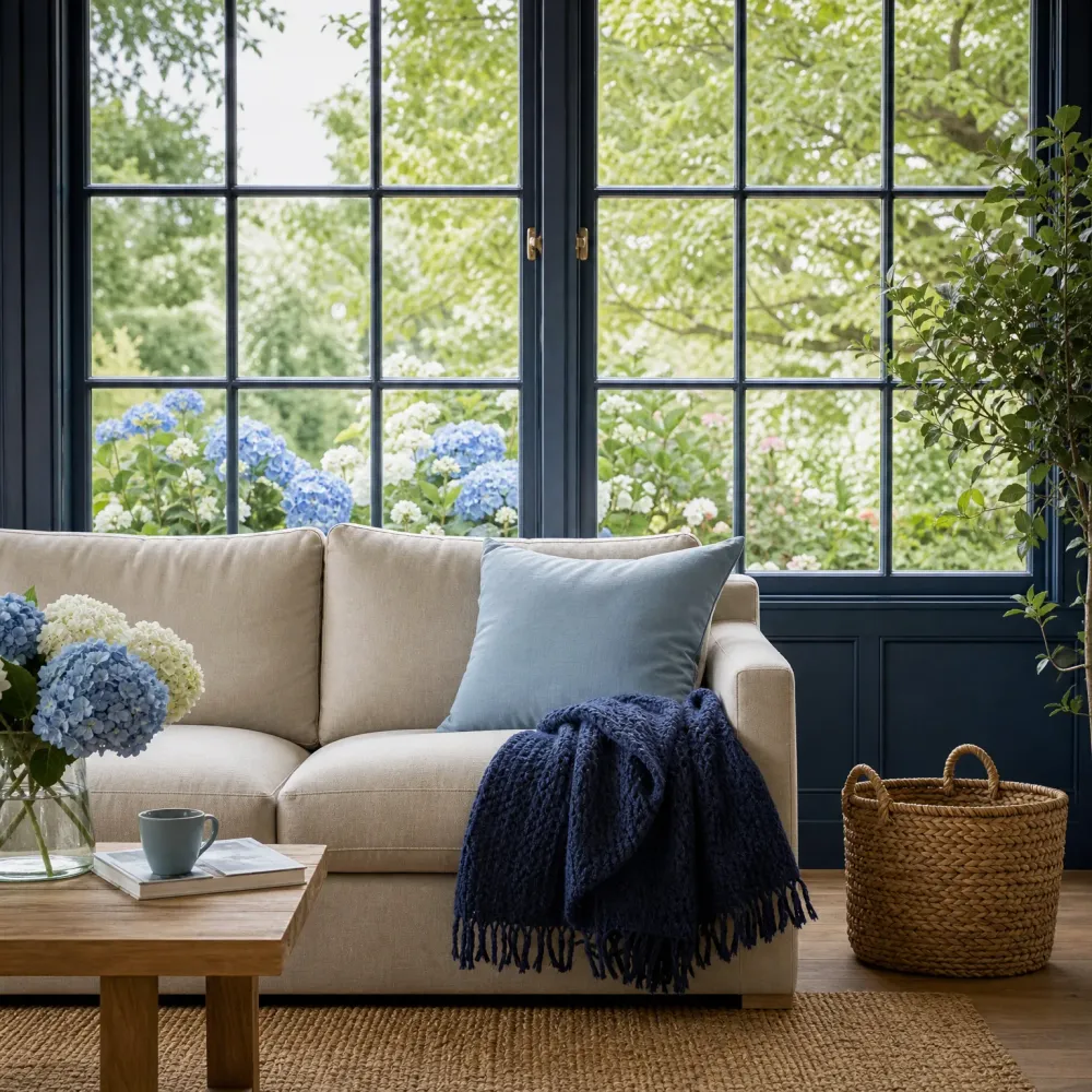 A beige sofa with a light blue cushion and navy knitted fringed throw sits in front of a dark navy multi-pane window overlooking a garden with hydrangeas, beside a wooden coffee table holding books, a mug and a vase of hydrangeas, with a woven basket and potted plant to the right on a jute rug.