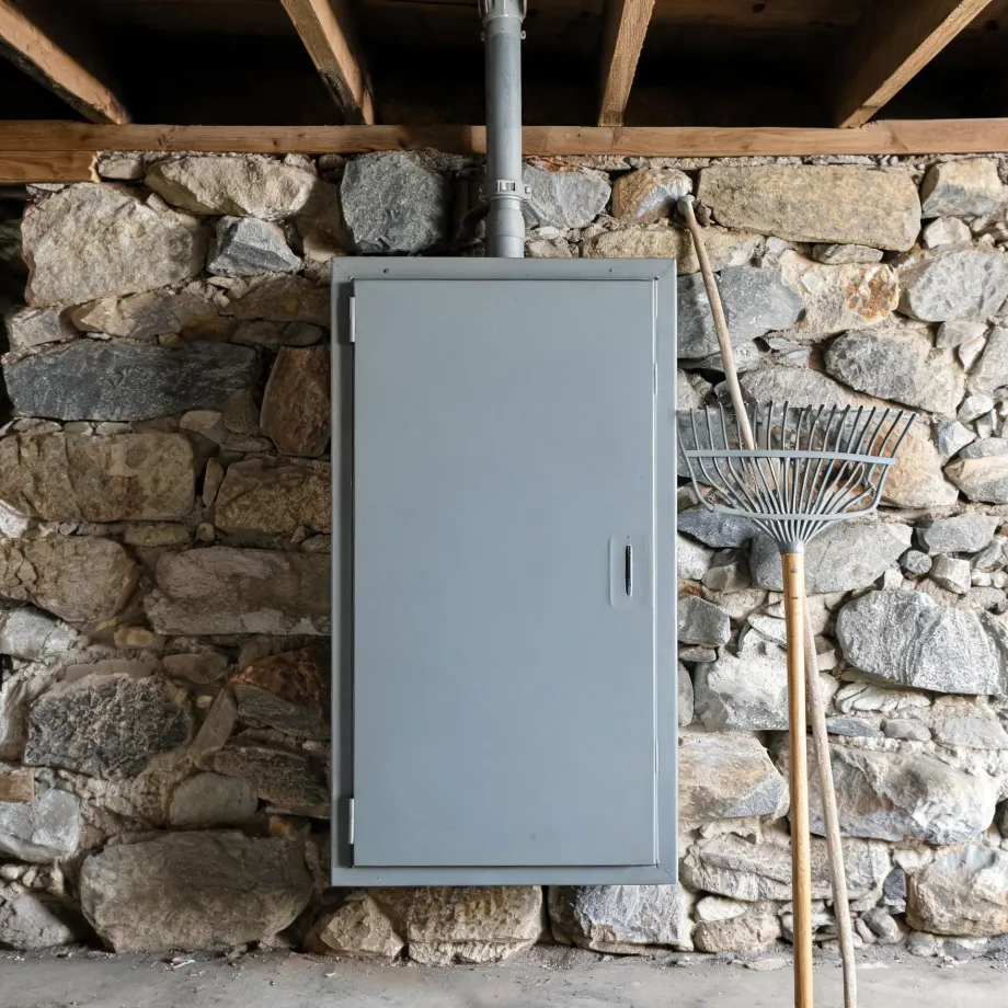 A gray metal electrical panel box mounted on a dry-stacked stone wall beneath wooden beams, with a metal-tined leaf rake and another long-handled tool leaning against the wall to the right.