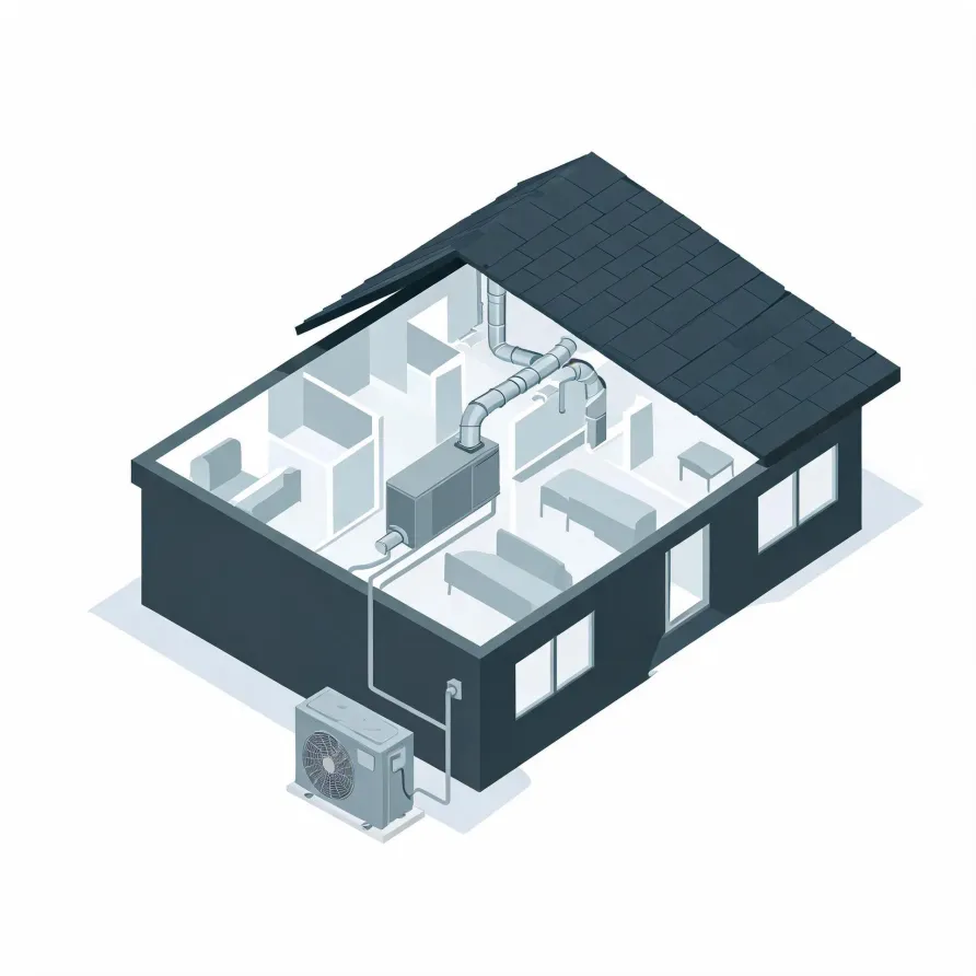 Isometric cutaway illustration of a single-story house showing interior rooms, ceiling ductwork connected to an air handler, and an outdoor condenser unit linked by a line set.