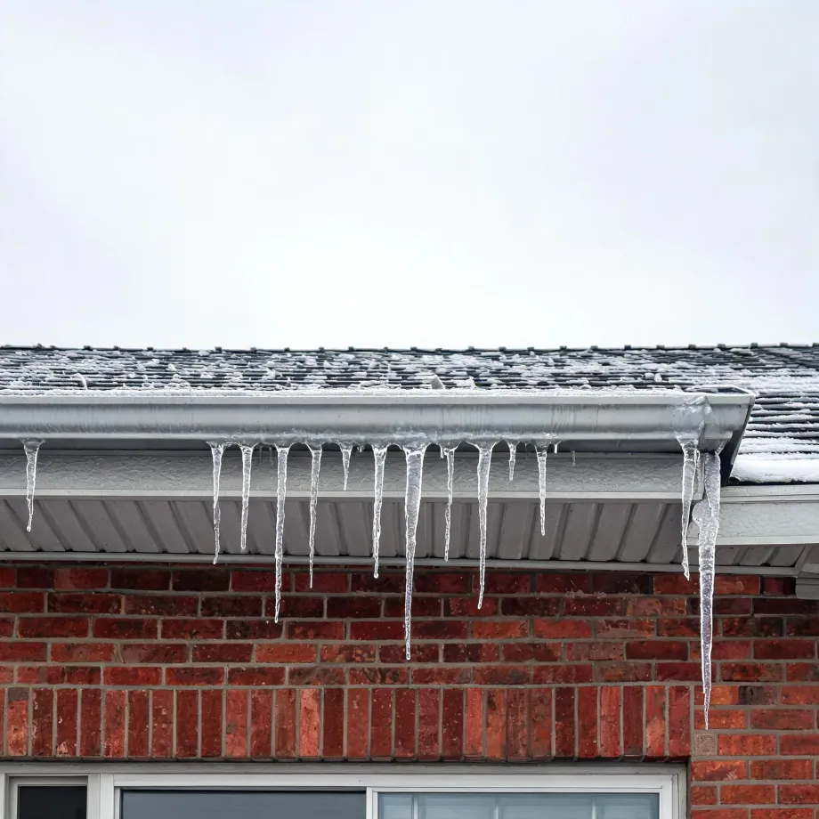Icicles hang from a metal gutter along the eave of a red brick house with a snow-dusted shingle roof under an overcast white sky.