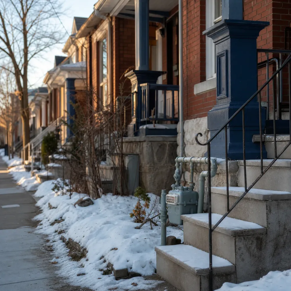 A row of brick houses with dark blue painted porch columns and stone front steps, with a gas meter and piping beside the stairs and snow covering the ground along the sidewalk.