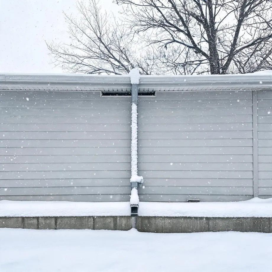 Exterior wall of a building with light gray horizontal siding and a snow-covered downspout running down its center, with bare trees behind the roofline and falling snow over deep snow on the ground.
