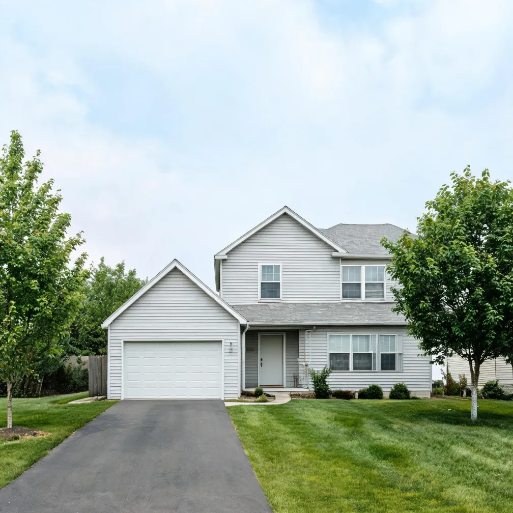 Two-story house with light gray horizontal siding, an attached two-car garage with white door, an asphalt driveway, mowed lawn, and young deciduous trees on either side under a hazy sky.