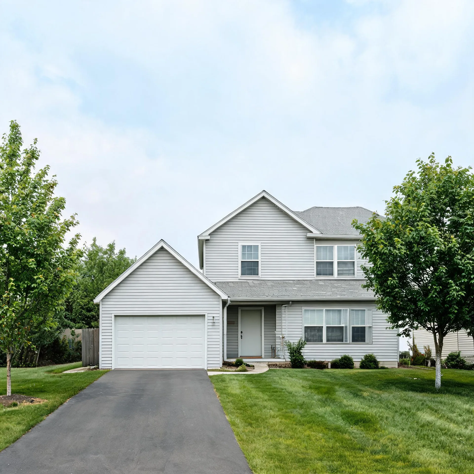 Two-story house with light gray horizontal siding, an attached two-car garage with white door, an asphalt driveway, mowed lawn, and young deciduous trees on either side under a hazy sky.