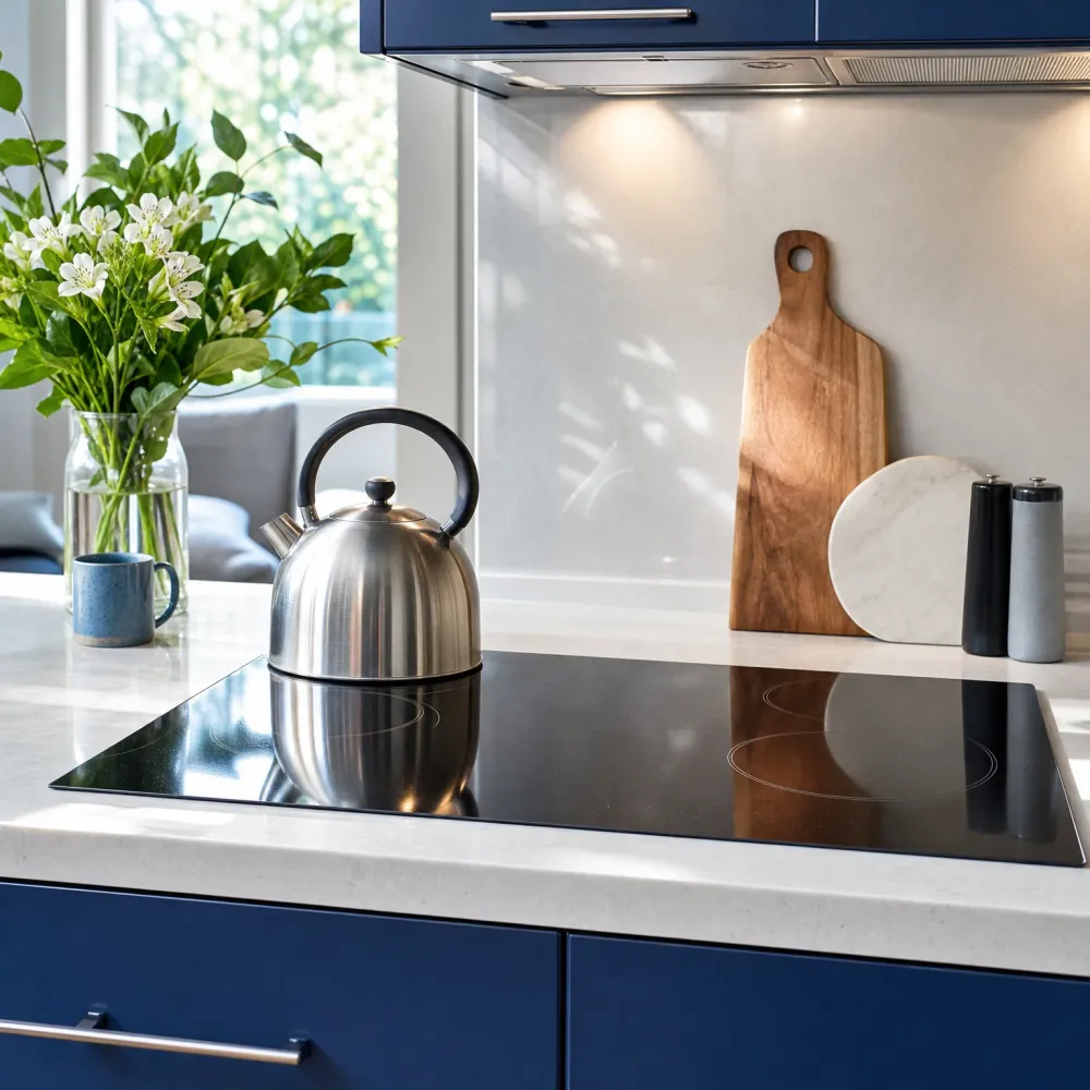 A stainless steel kettle sits on a black glass cooktop set into a white speckled countertop above navy blue cabinets, with a wooden cutting board, round marble board, two pepper mills, a mug and a vase of white flowers nearby.