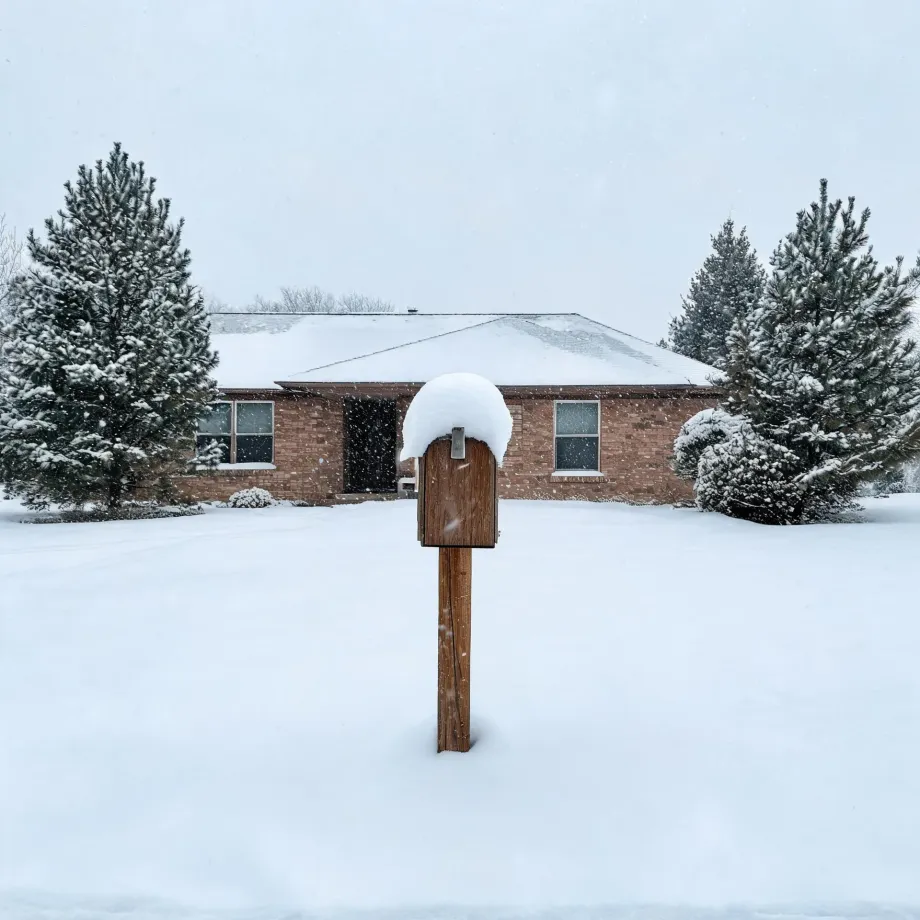 A wooden mailbox on a post topped with a thick cap of snow stands in a snow-covered yard in front of a single-story brick house flanked by snow-laden evergreen trees during falling snow.