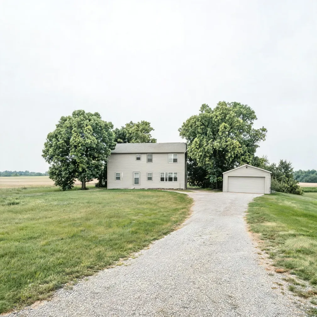A two-story light-colored house with vinyl siding and a detached gable-roof garage, flanked by large deciduous trees, at the end of a gravel driveway crossing flat grassy fields under an overcast sky.