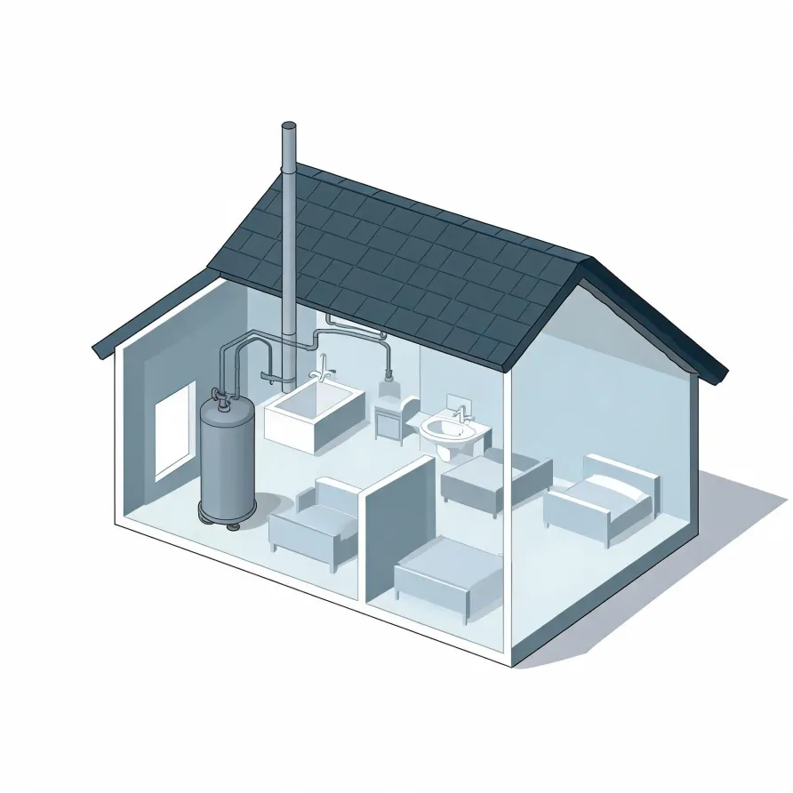 Isometric cutaway illustration of a small house with a dark shingled roof, showing an interior with a cylindrical water heater, pipes running to a flue through the roof, a bathtub, sink, toilet, and simple furniture.