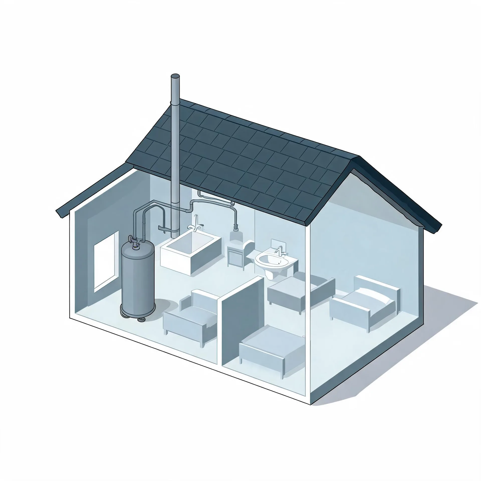 Isometric cutaway illustration of a small house with a dark shingled roof, showing an interior with a cylindrical water heater, pipes running to a flue through the roof, a bathtub, sink, toilet, and simple furniture.