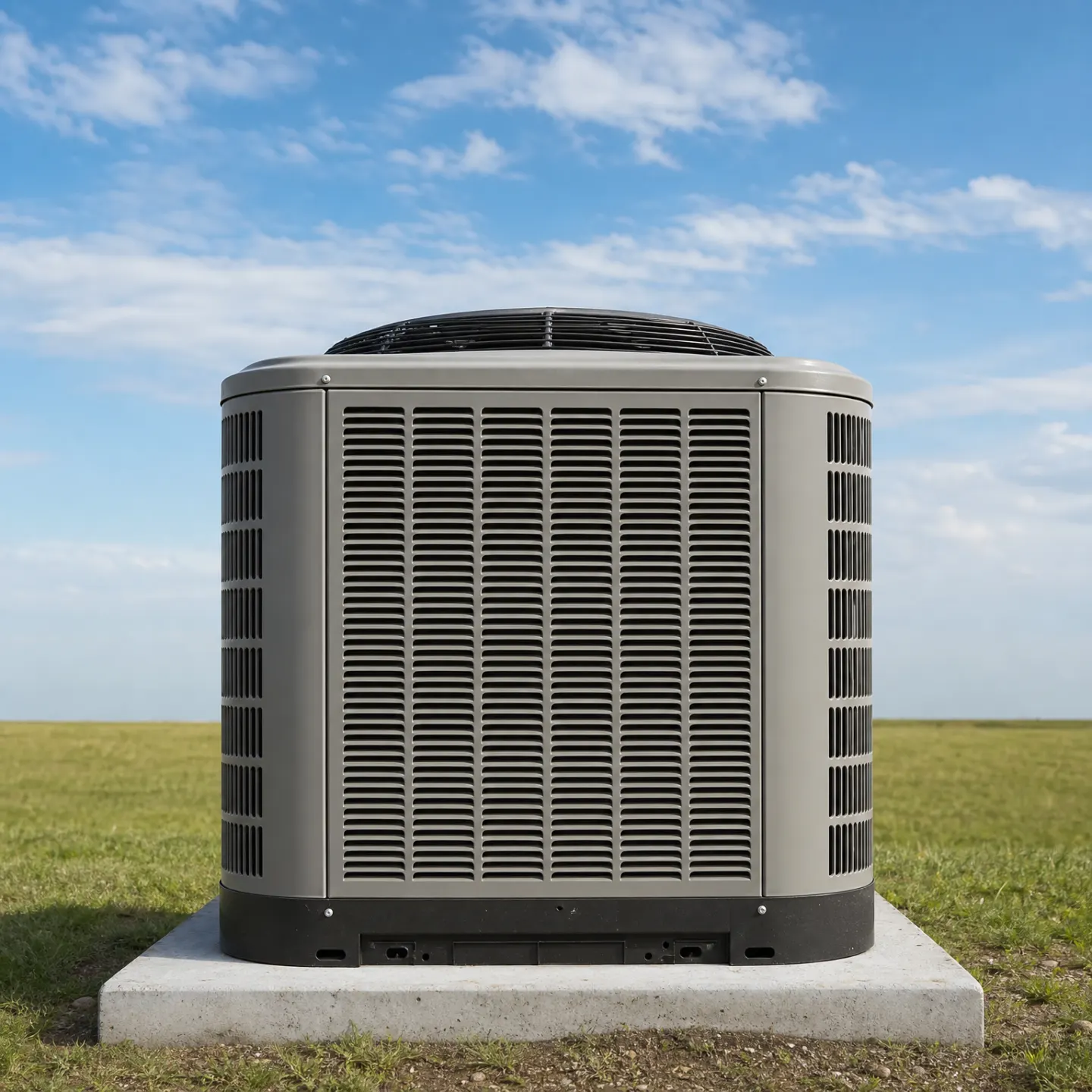 A gray metal air conditioning condenser unit mounted on a concrete pad in a flat grassy field under a partly cloudy sky.