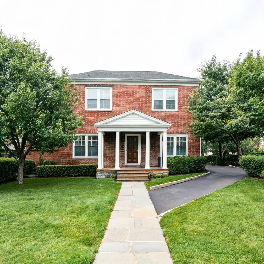 A two-story red brick house with white-trimmed windows and a columned pedimented front portico, fronted by a lawn, stone paver walkway, trimmed hedges, deciduous trees, and an asphalt driveway curving to the right.