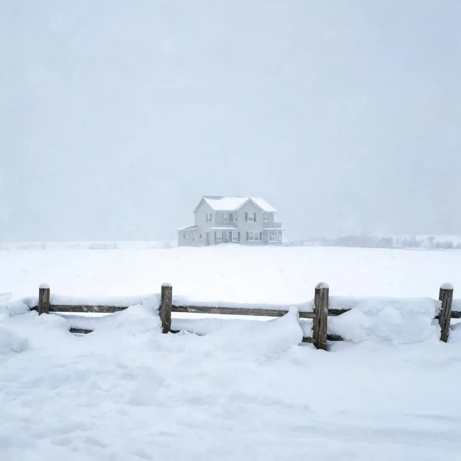 A two-story house stands alone on a snow-covered field in falling snow, with a weathered wooden post-and-rail fence half-buried in drifts in the foreground and a pale hazy sky above.