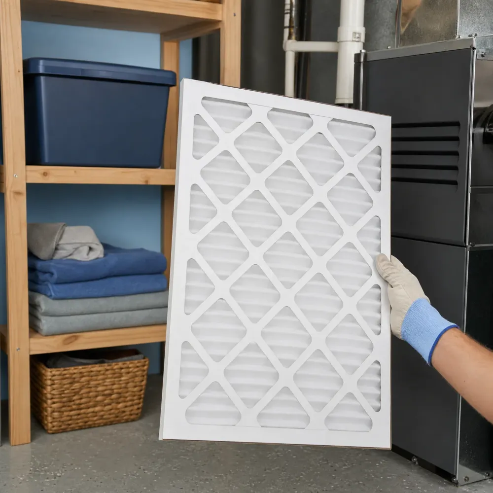 A gloved hand holds a large white pleated air filter in front of a dark furnace, beside wooden shelves holding a storage bin, folded clothes, and a wicker basket.