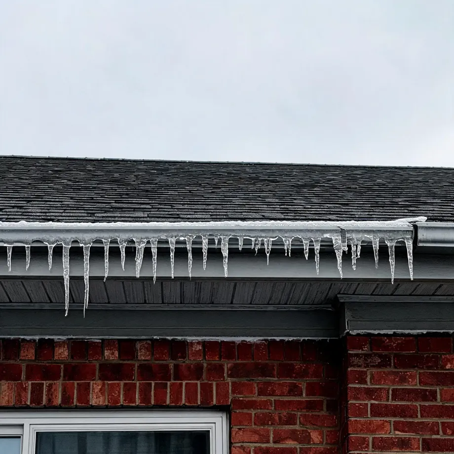 Icicles hanging from a white gutter along the edge of a dark shingled roof above a red brick wall, under an overcast sky.