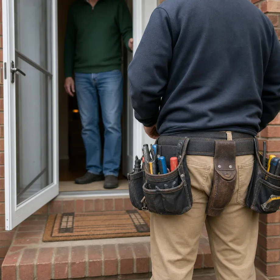 A person in a navy sweatshirt and tan pants wearing a loaded leather tool belt stands with their back to the camera at a brick doorstep, facing a blurred person in a dark green sweater and jeans standing in the open doorway.