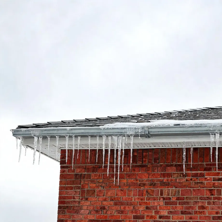 Corner of a red brick building with a shingled roof edge, snow on the roof, and rows of icicles hanging from the metal gutter against an overcast white sky.