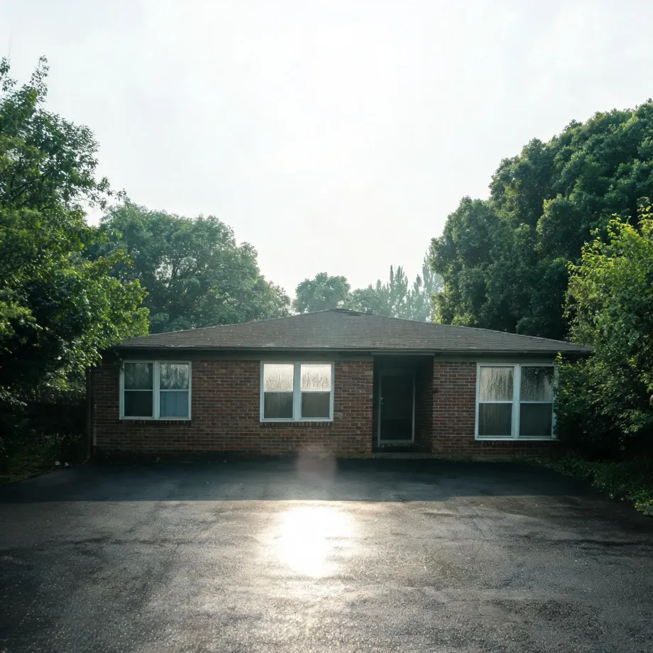 A single-story red brick house with a hipped shingle roof, white-framed windows and a dark front door, fronted by a large empty asphalt lot and flanked by dense green trees under a bright hazy sky.