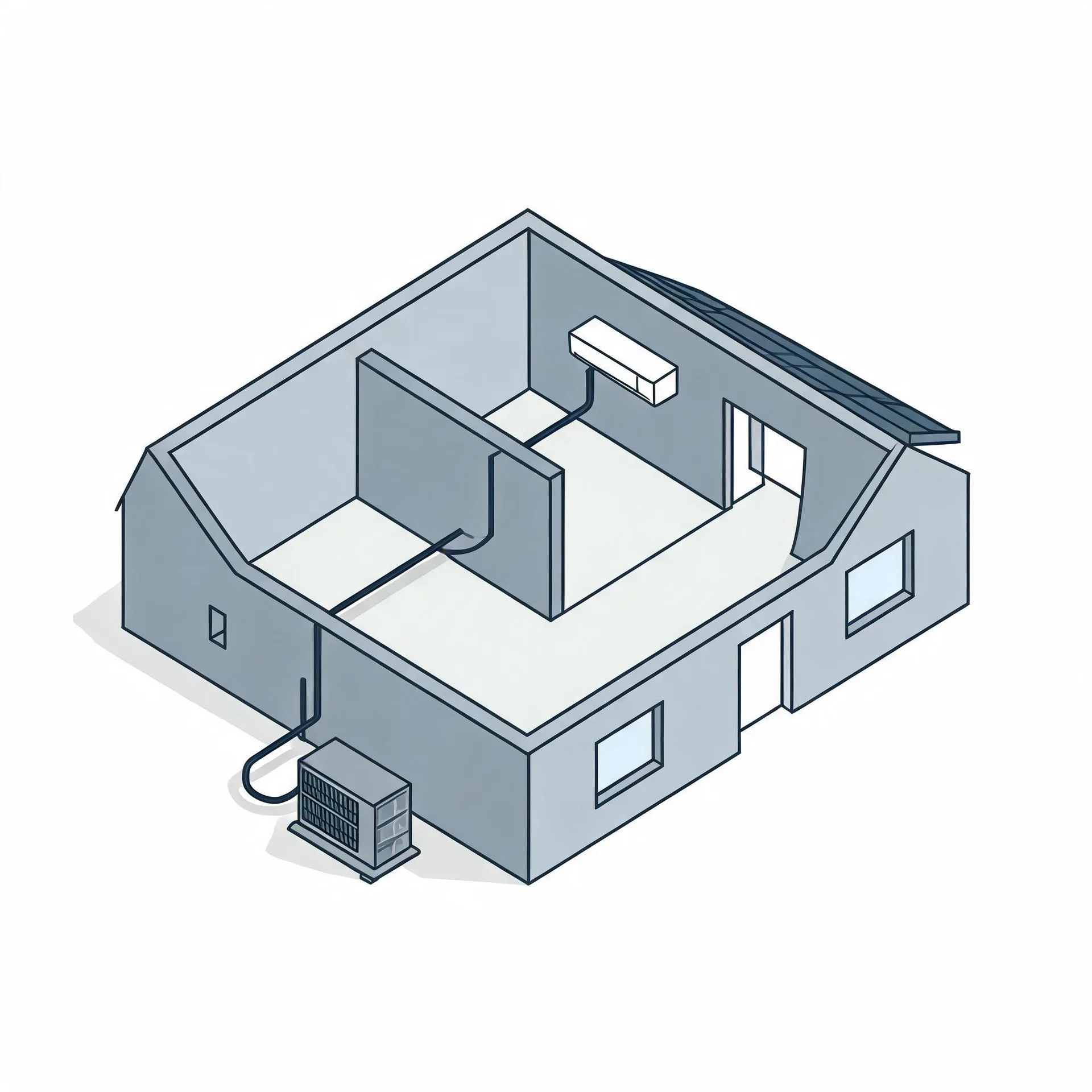 Isometric line illustration of a cutaway house showing an interior wall-mounted air conditioning unit connected by a line to an outdoor condenser beside the exterior wall.