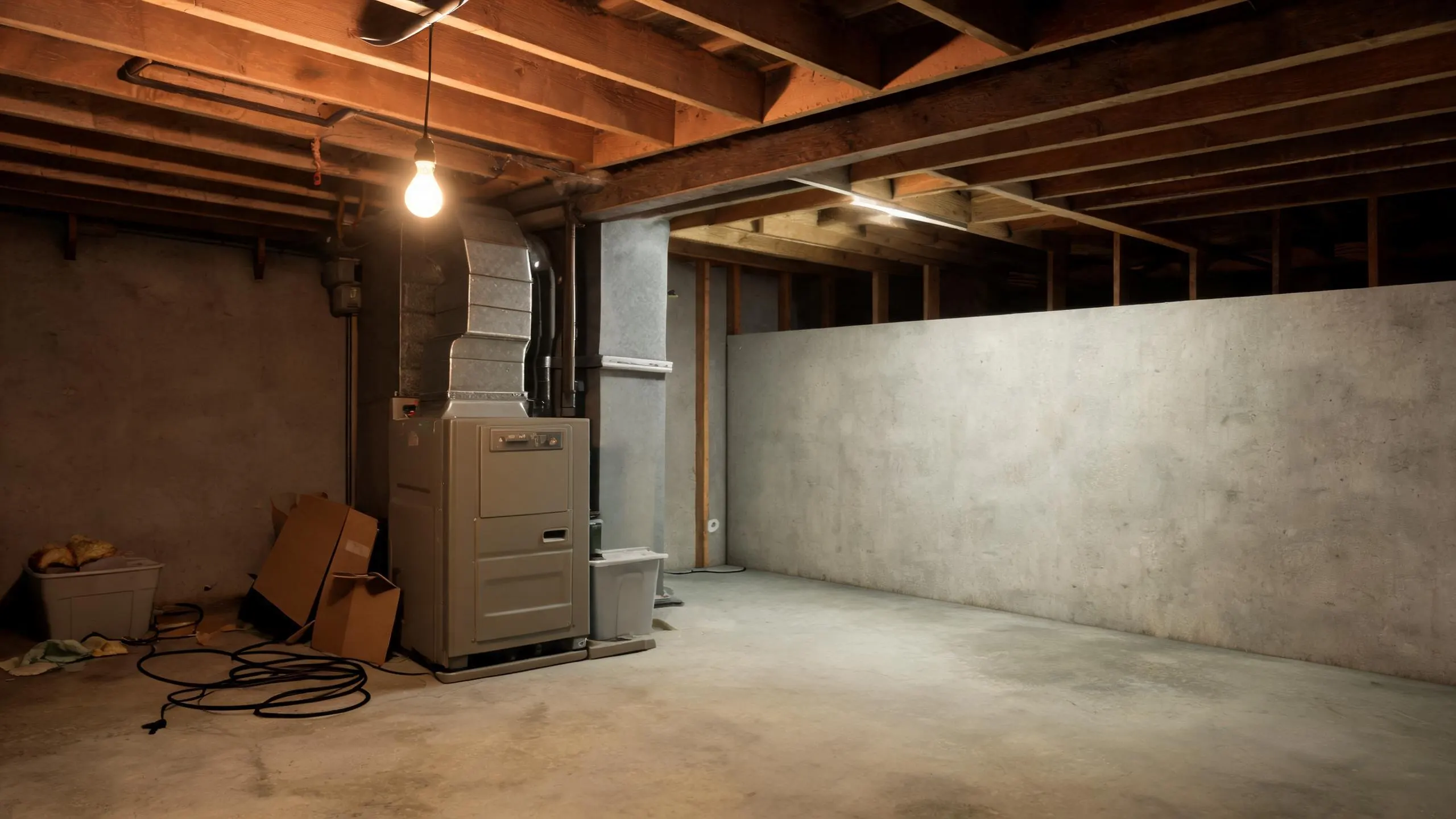 An unfinished basement featuring a forced-air furnace, exposed wooden ceiling joists, bare concrete walls, and miscellaneous items including cardboard boxes and coiled cables on the floor.
