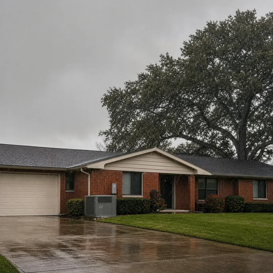 A single-story red brick house with a white garage door, gabled entry, and outdoor air conditioning unit under an overcast sky, with a wet concrete driveway and a large oak tree behind the roof.