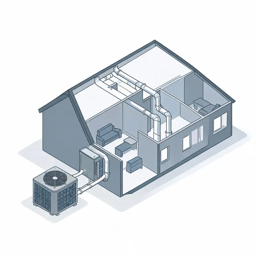 Isometric line illustration of a cutaway house showing interior rooms with ductwork, an indoor air handler, and an outdoor condenser unit connected by lines, on a white background.