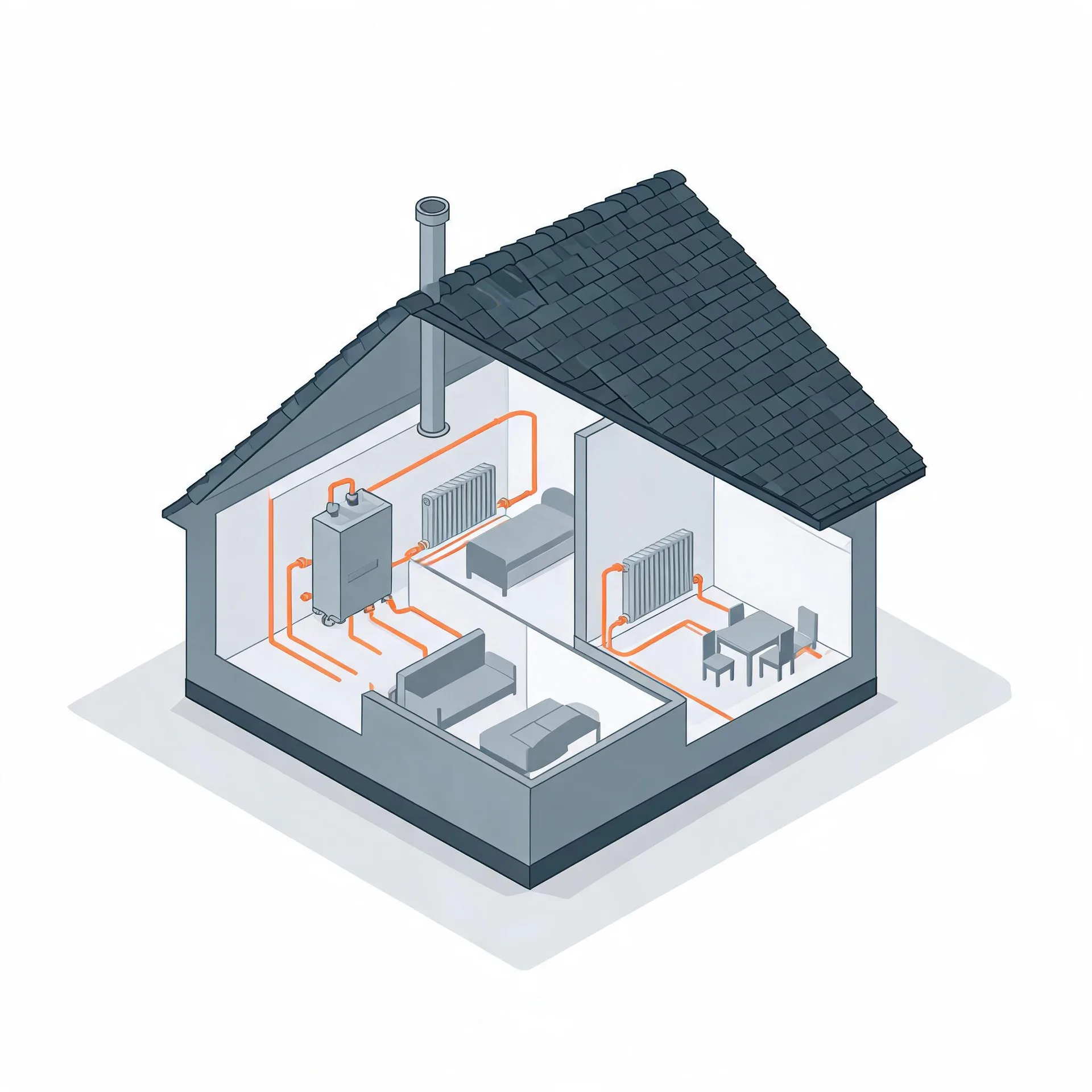 Isometric cutaway illustration of a small house showing a wall-mounted boiler with a flue pipe, orange pipework running to radiators in three furnished rooms containing beds, a sofa and a dining table.