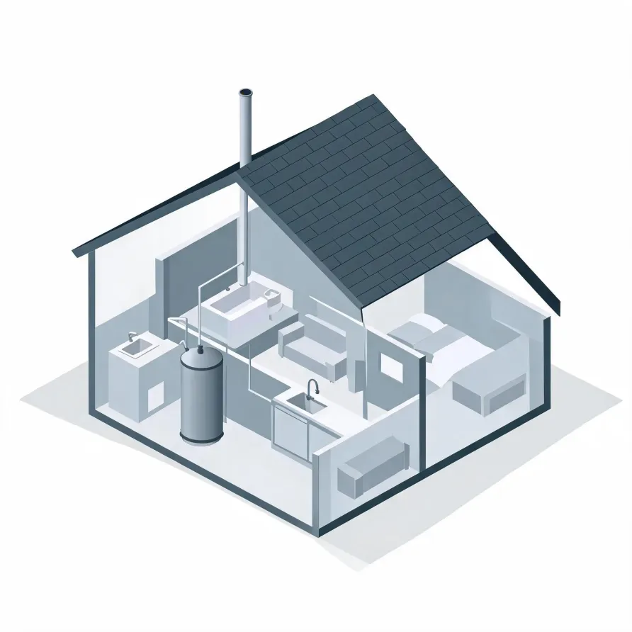 Isometric cutaway illustration of a small house interior in grey tones, showing a cylindrical water heater with a tall flue pipe through the roof, a kitchen sink, bathtub and toilet, sofas and a bed.