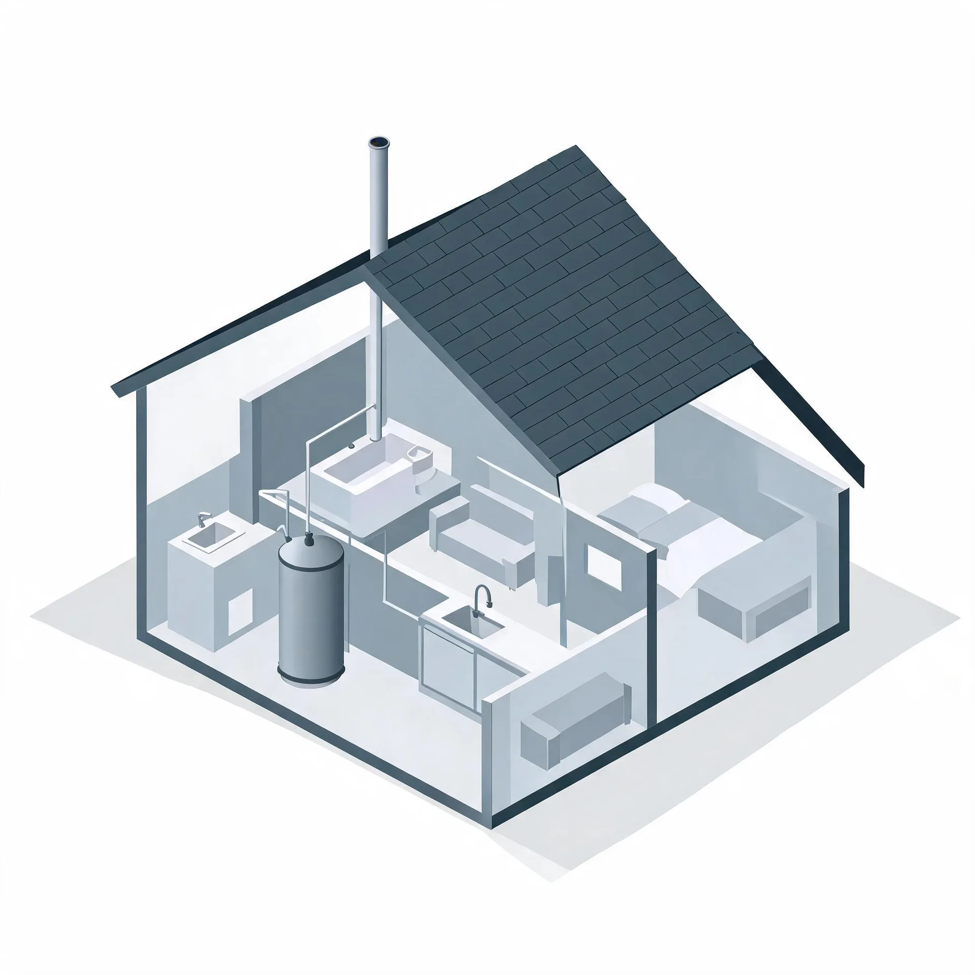 Isometric cutaway illustration of a small house interior in grey tones, showing a cylindrical water heater with a tall flue pipe through the roof, a kitchen sink, bathtub and toilet, sofas and a bed.