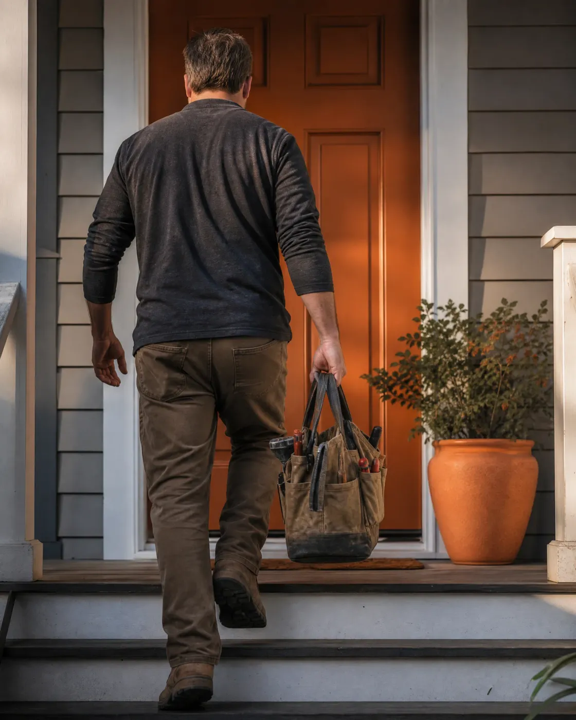 A man in a dark long-sleeved shirt and brown work pants, seen from behind, carries a waxed canvas tool bag up porch steps toward an orange front door, with a potted shrub in a terracotta pot beside him.