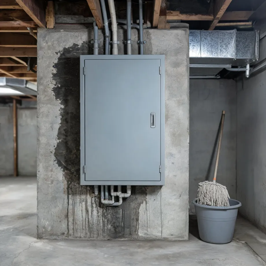 A gray metal electrical panel mounted on a concrete basement wall with water staining and conduit pipes running to the ceiling joists, with a mop in a gray bucket and metal ductwork to the right.