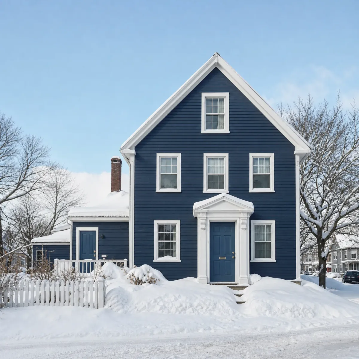 A two-story navy blue clapboard house with white trim, a gabled roof, a brick chimney and a blue front door under a pedimented entry, surrounded by deep snow and bare trees under a clear sky.
