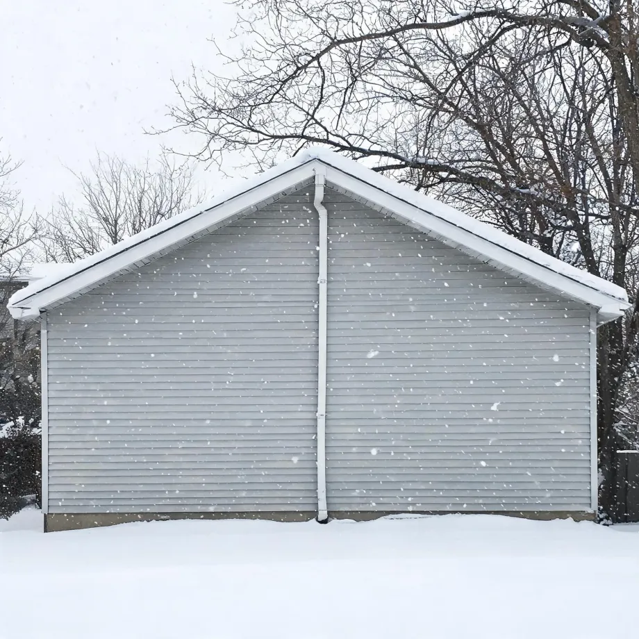 Gable end of a gray horizontal-siding building with a white downspout down the center, snow on the roof edge and ground, and bare trees behind during falling snow.