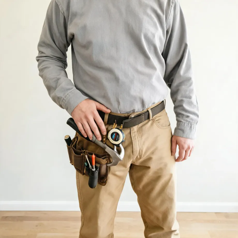 A person in a gray long-sleeve shirt and tan pants stands in front of a white wall on a light wood floor, wearing a brown tool belt holding a hammer, tape measure, screwdrivers and a pencil.