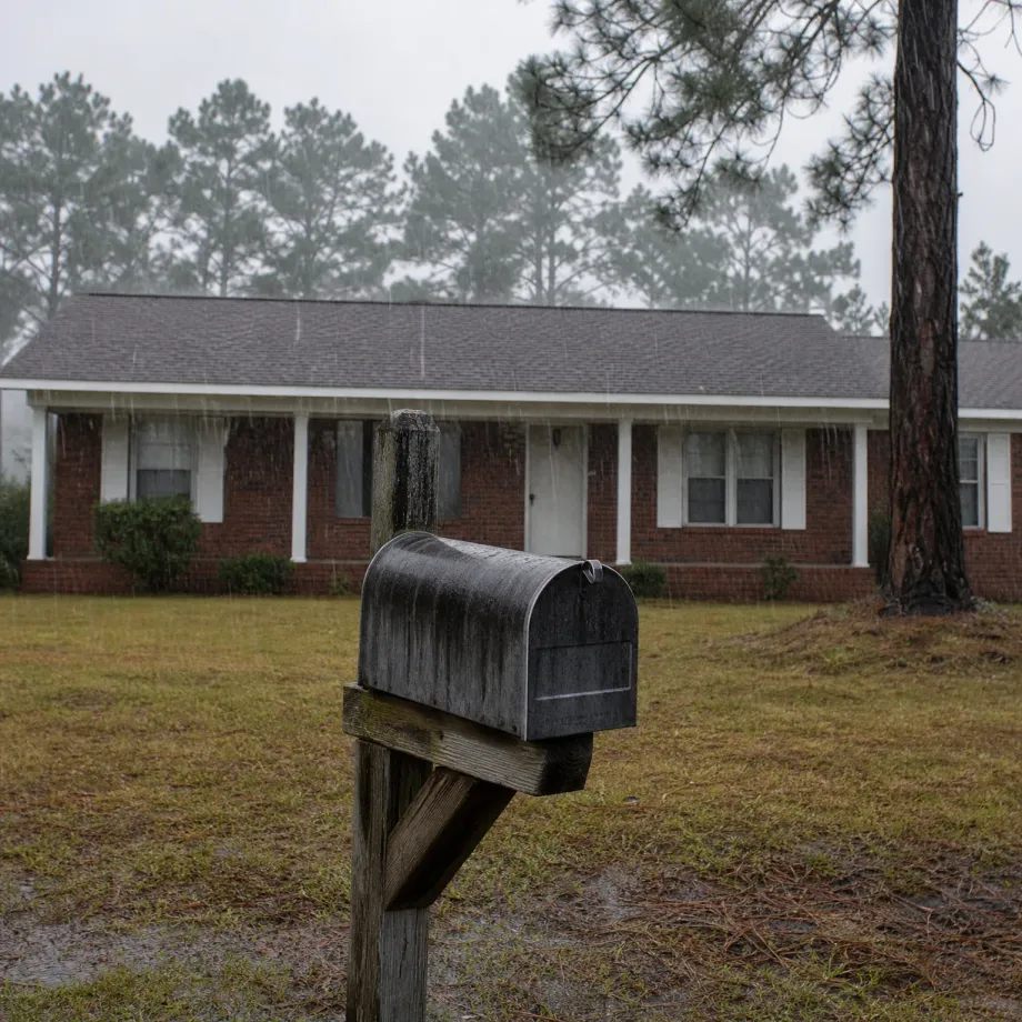 A weathered metal mailbox on a wooden post stands in a wet grass yard during rain, with a single-story brick house with white porch columns and tall pine trees behind it.