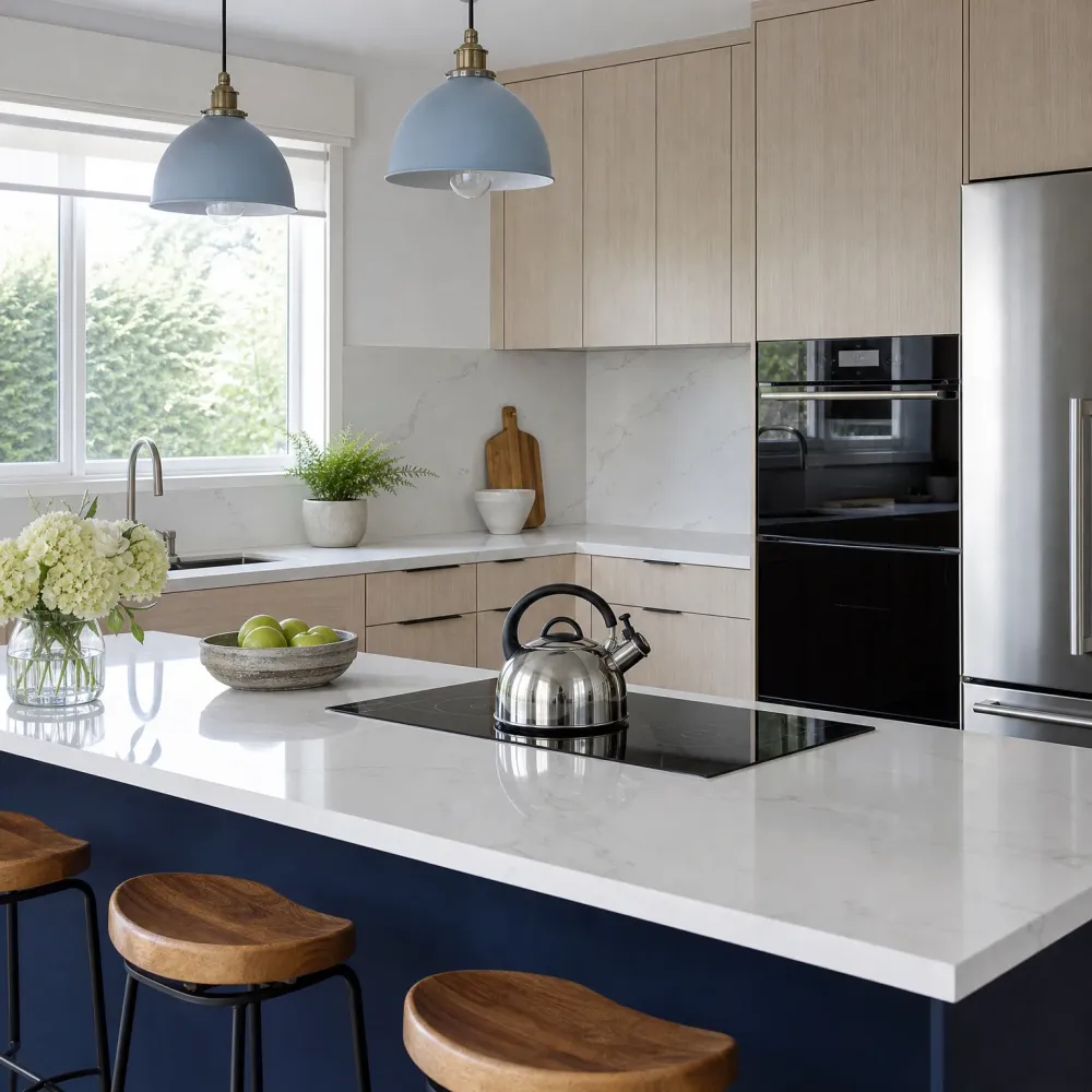 Kitchen with light wood cabinets, white marble-look countertops and backsplash, a navy blue island with wooden stools, an induction cooktop with a steel kettle, two blue pendant lights, stainless refrigerator and black wall oven.