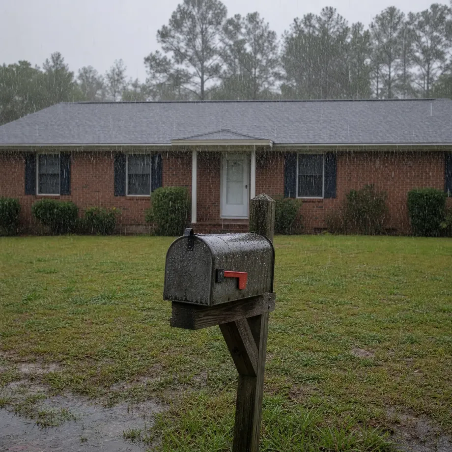 A weathered metal mailbox on a wooden post stands in a wet grass yard during rain, with a single-story brick ranch house and pine trees behind it.